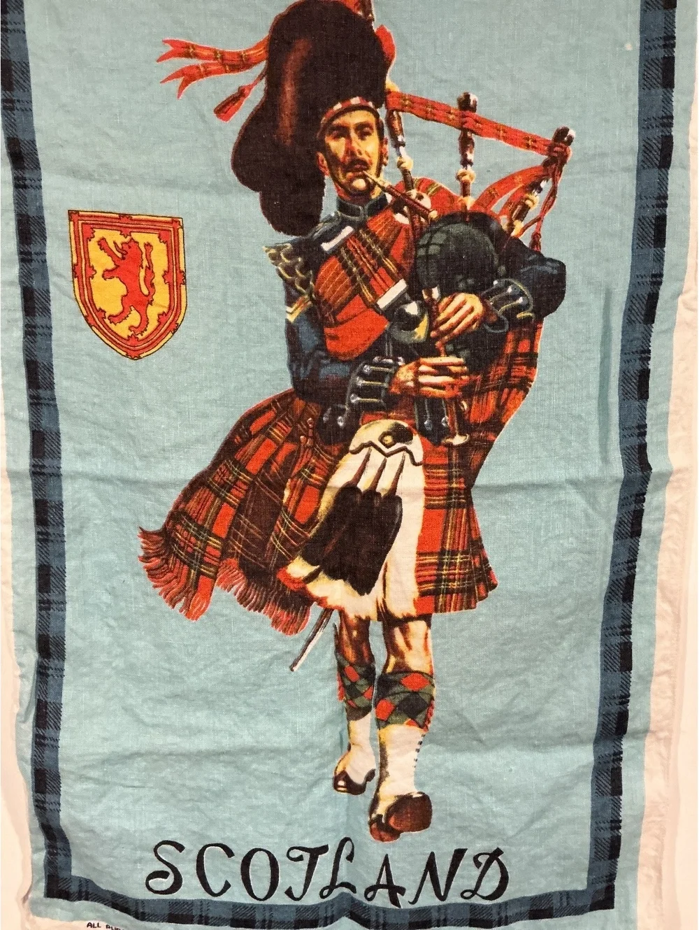 Vintage Scotland Linen Tea Towel Highland Bagpiper Tartan